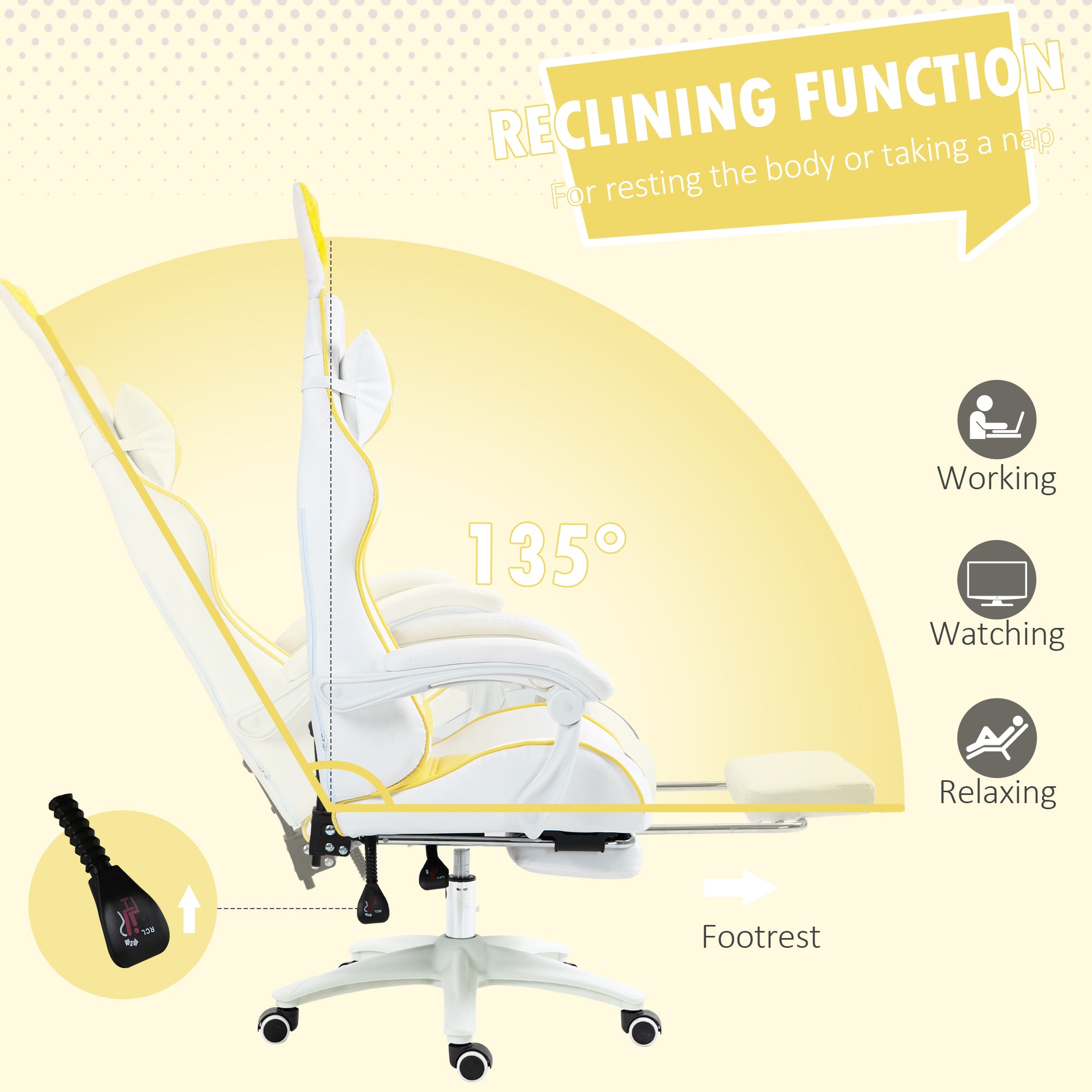 Vinsetto Reclining Racing Gaming Chair with Headrest and Lumber Support, PU Leather Computer Chair with Removable Rabbit Ears, Footrest, Yellow